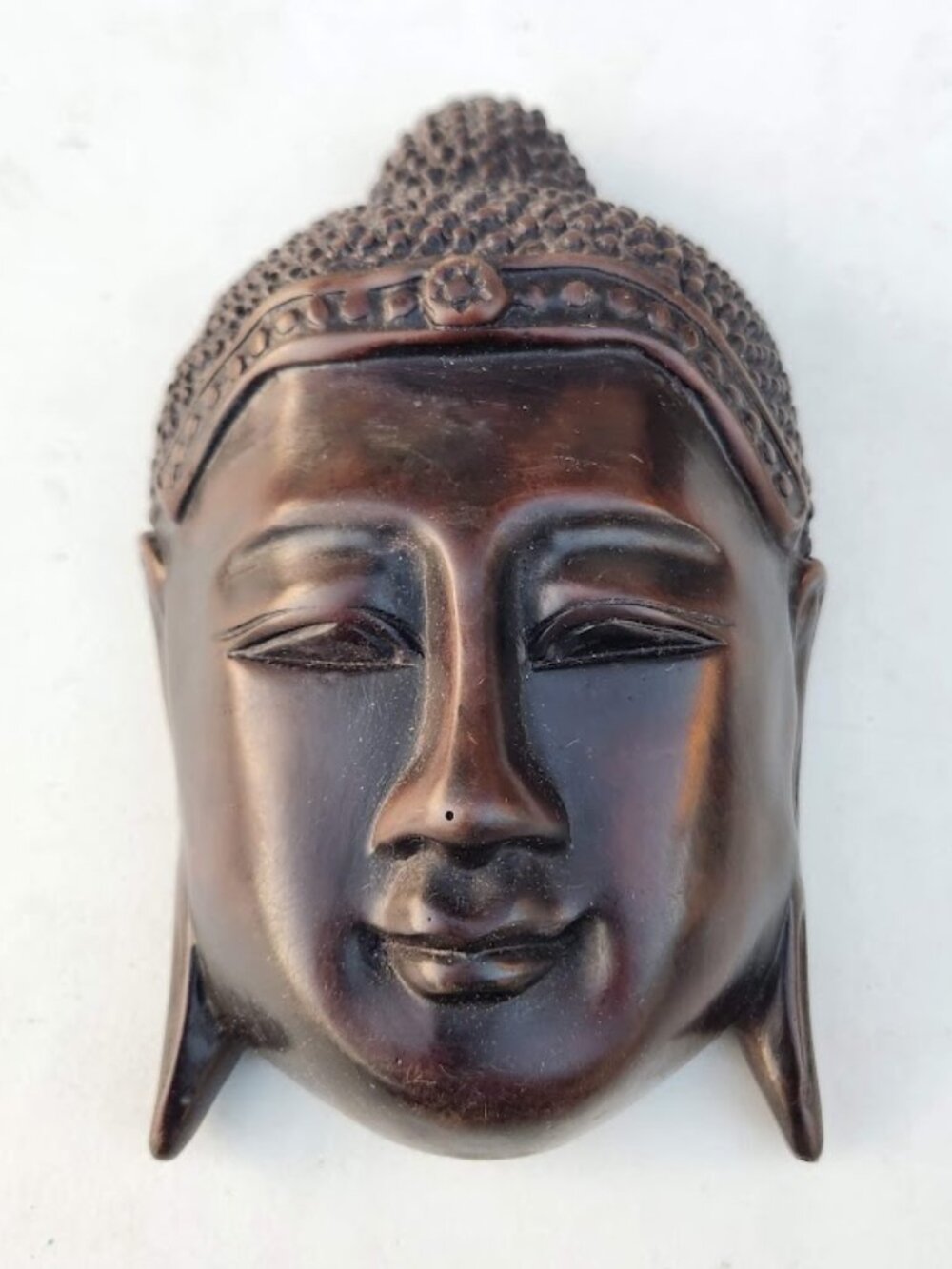 Vintage Hand-Carved Wooden Buddha Wall Head Mask Serene Zen Decor 8"